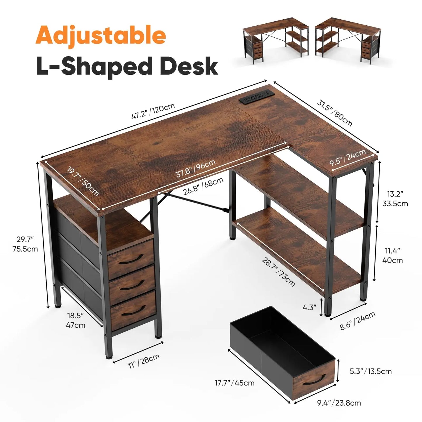JHK L Shaped Computer Desk with Drawers And Power Outlet