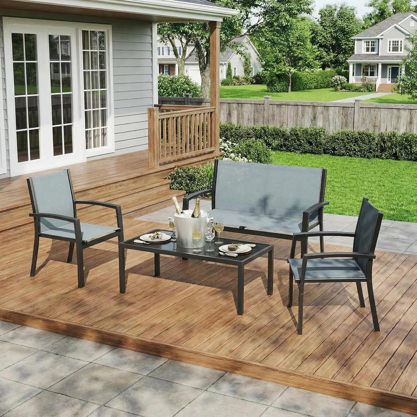 HobbyLane Modern 4 Piece Metal Patio Set With Mesh Seating