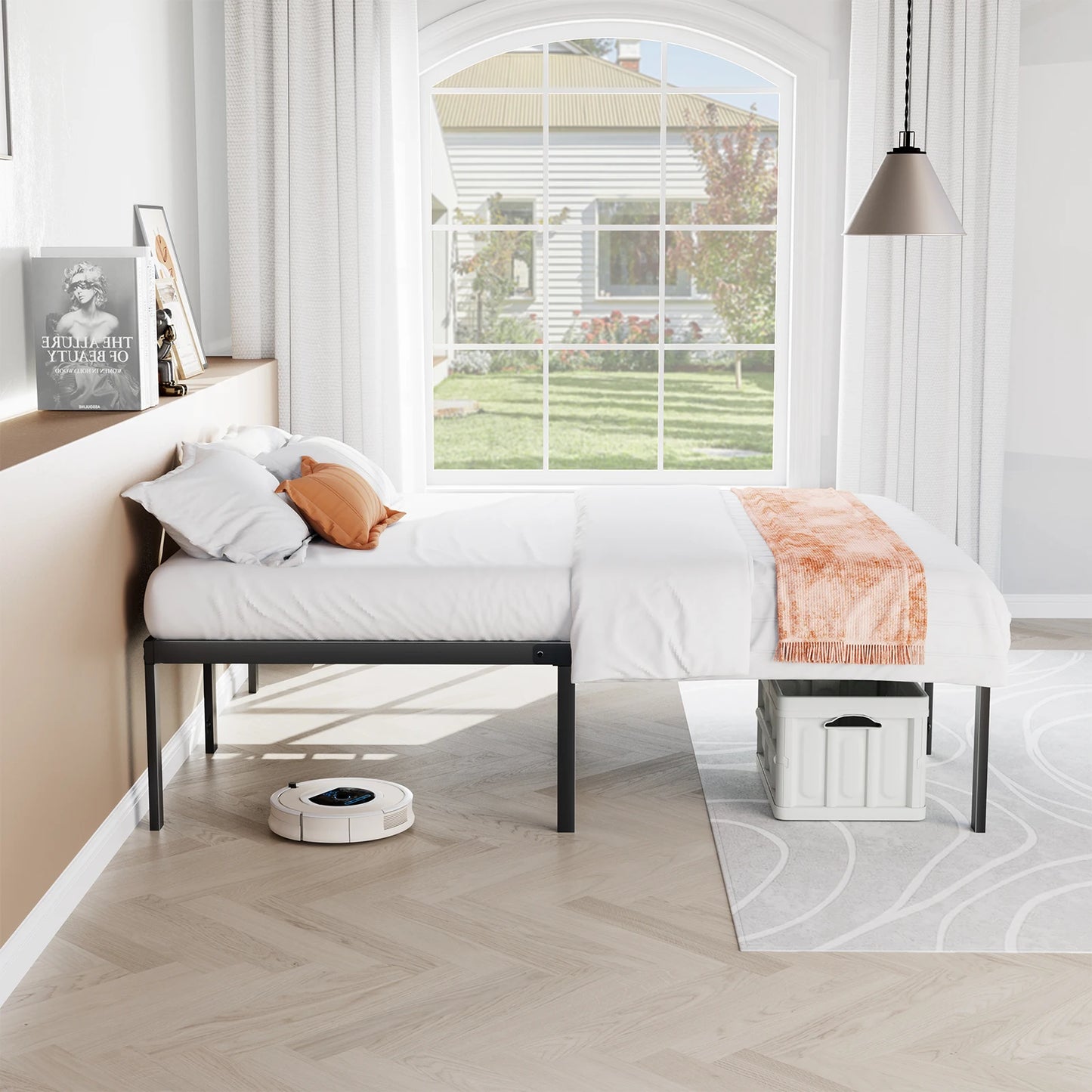 JHK Basic Metal Bed Frame with Storage and Sturdy Slats