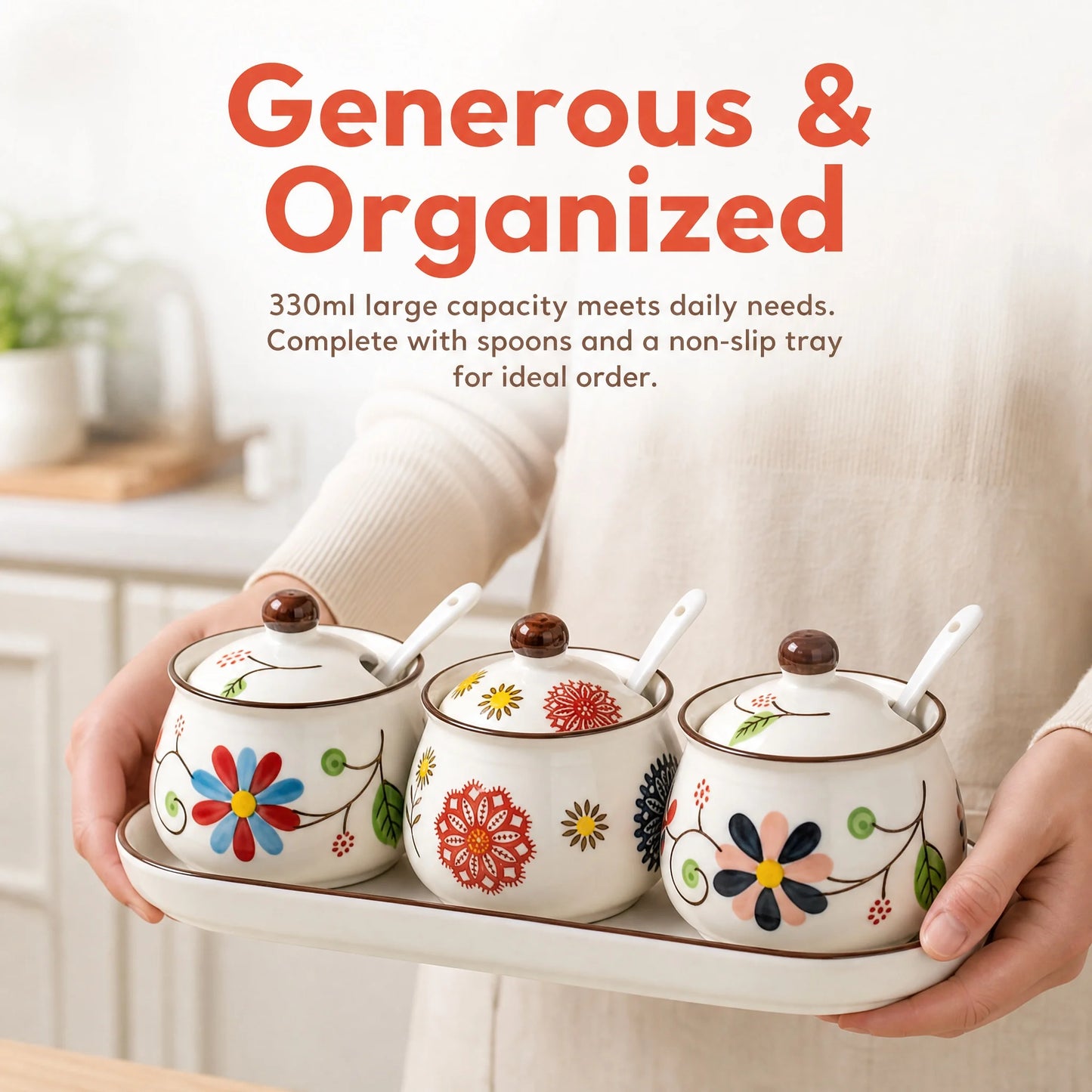 Three-Piece Ceramic Spice Jar Set With Tray Hand Painted Japanese