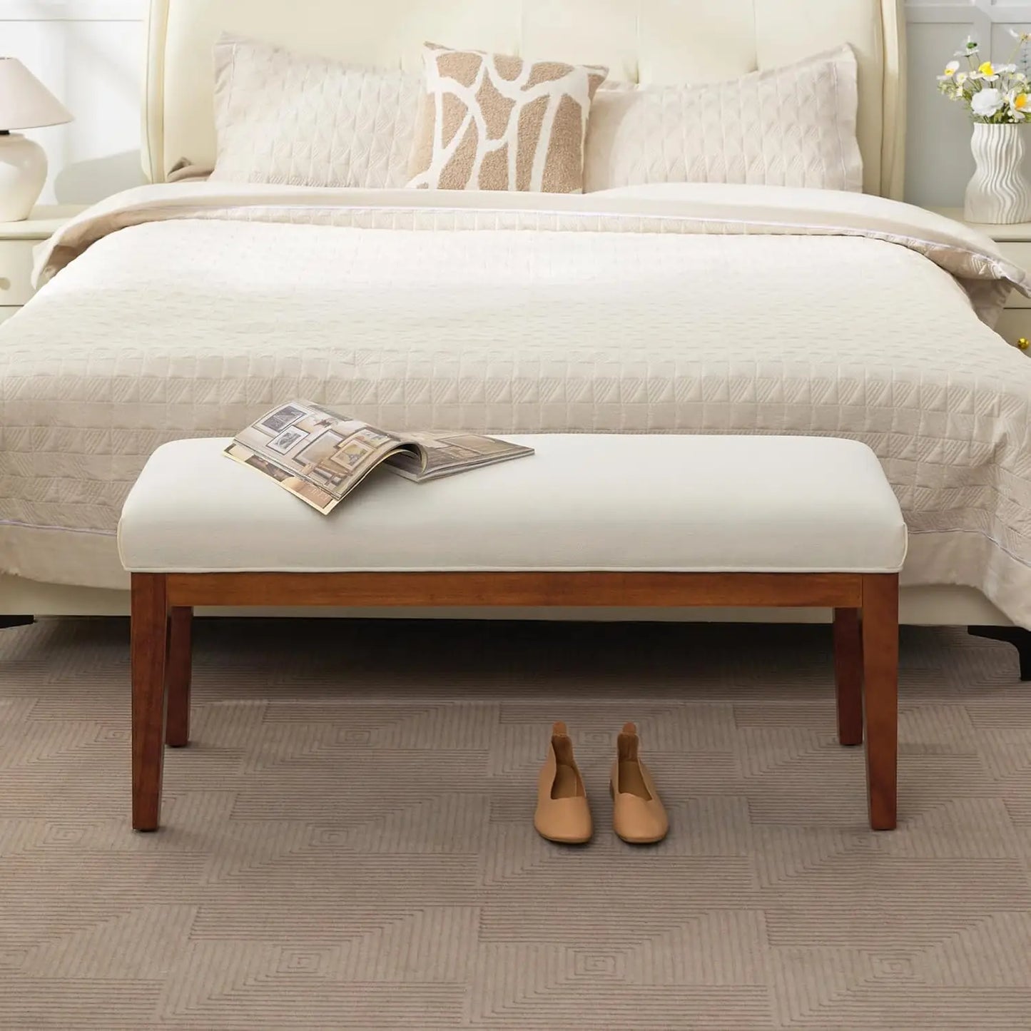 Linen Upholstered Bedroom Bench for End of Bed and Entryway