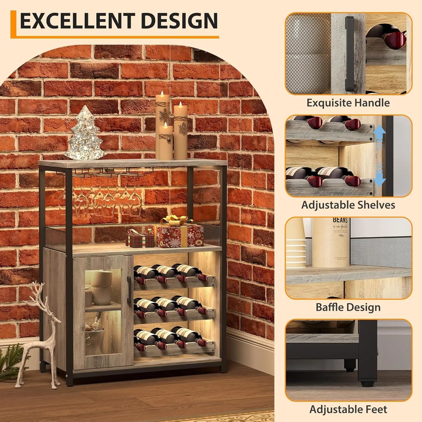 Wine Bar Rack Cabinet with Storage Space & Detachable Wine Rack, Coffee Bar with Glass Holder 3-Tier Kitchen Buffet Cabinet
