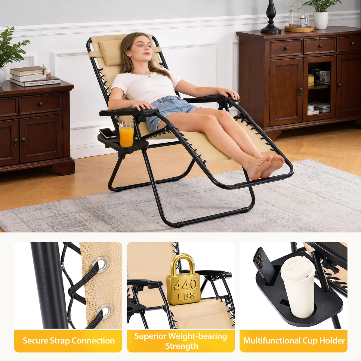 JHK Zero Gravity Recliner Outdoor Folding Lounge Chair Cup Holder