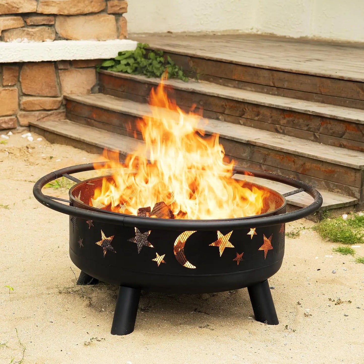Round Fire Pit With Mesh Cover And Star Moon Design