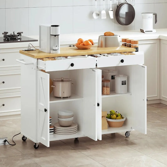 Kitchen Island with Power Outlet,43.3 Rolling Kitchen Island with Storage, Rolling Cart with Spice Rack and Hooks