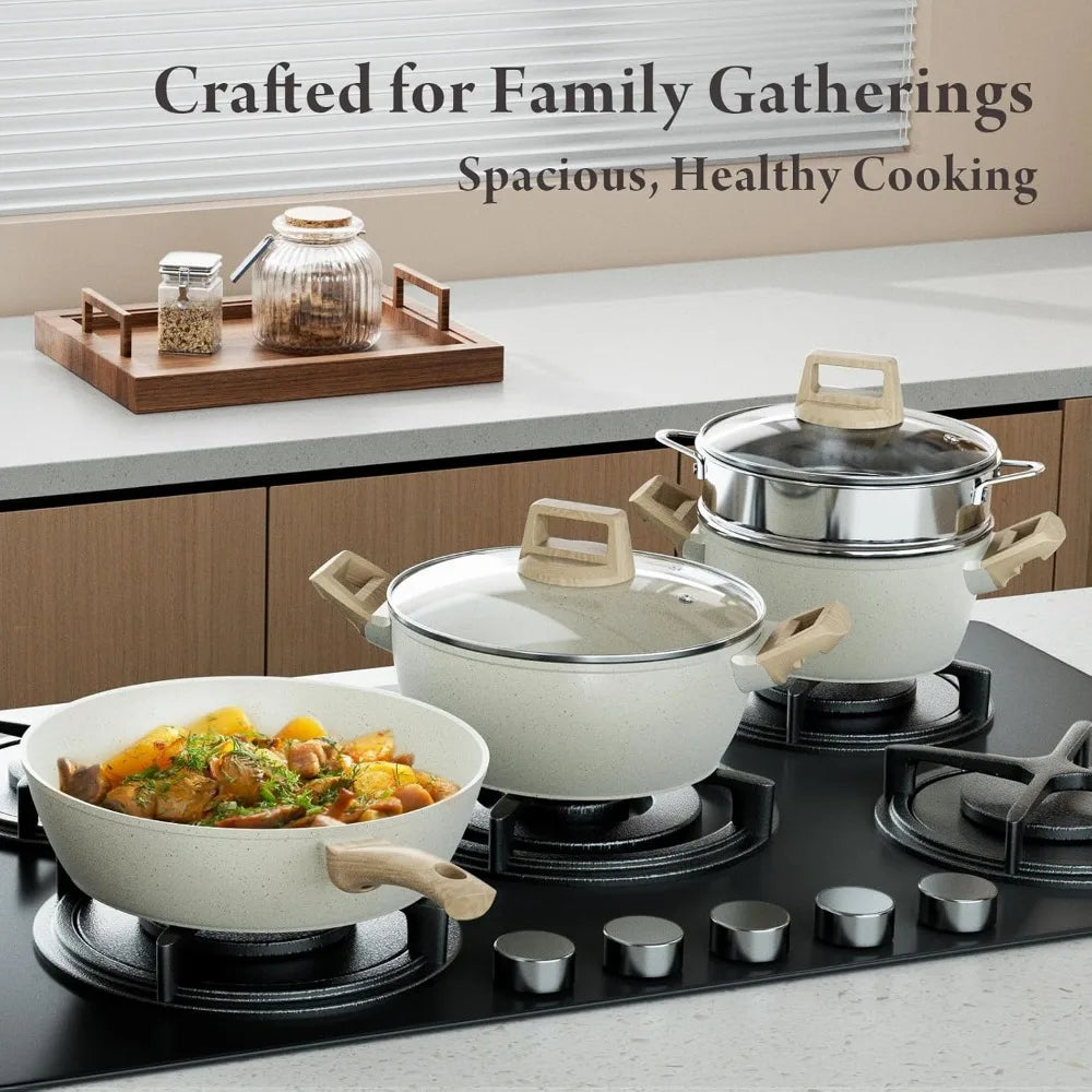 24 Pcs Pots and Pans Set, Non Stick Ceramic Cookware Set with 3 Stockpots, Healthy Non-Toxic, Large Capacity, Induction Compatib