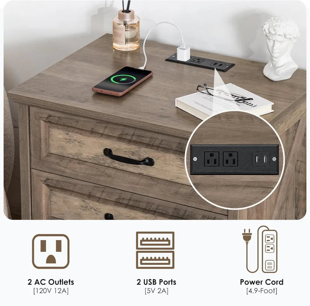 Farmhouse Nightstand With USB Charging Station And Three Drawers