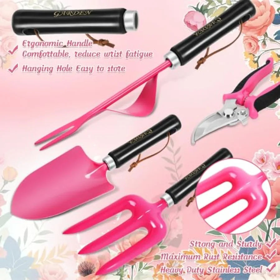 9Piece Heavy Duty Gardening Hand Tools Set in Pink with Stainless Steel Construction and Reinforced Design Durable Organizer Ha