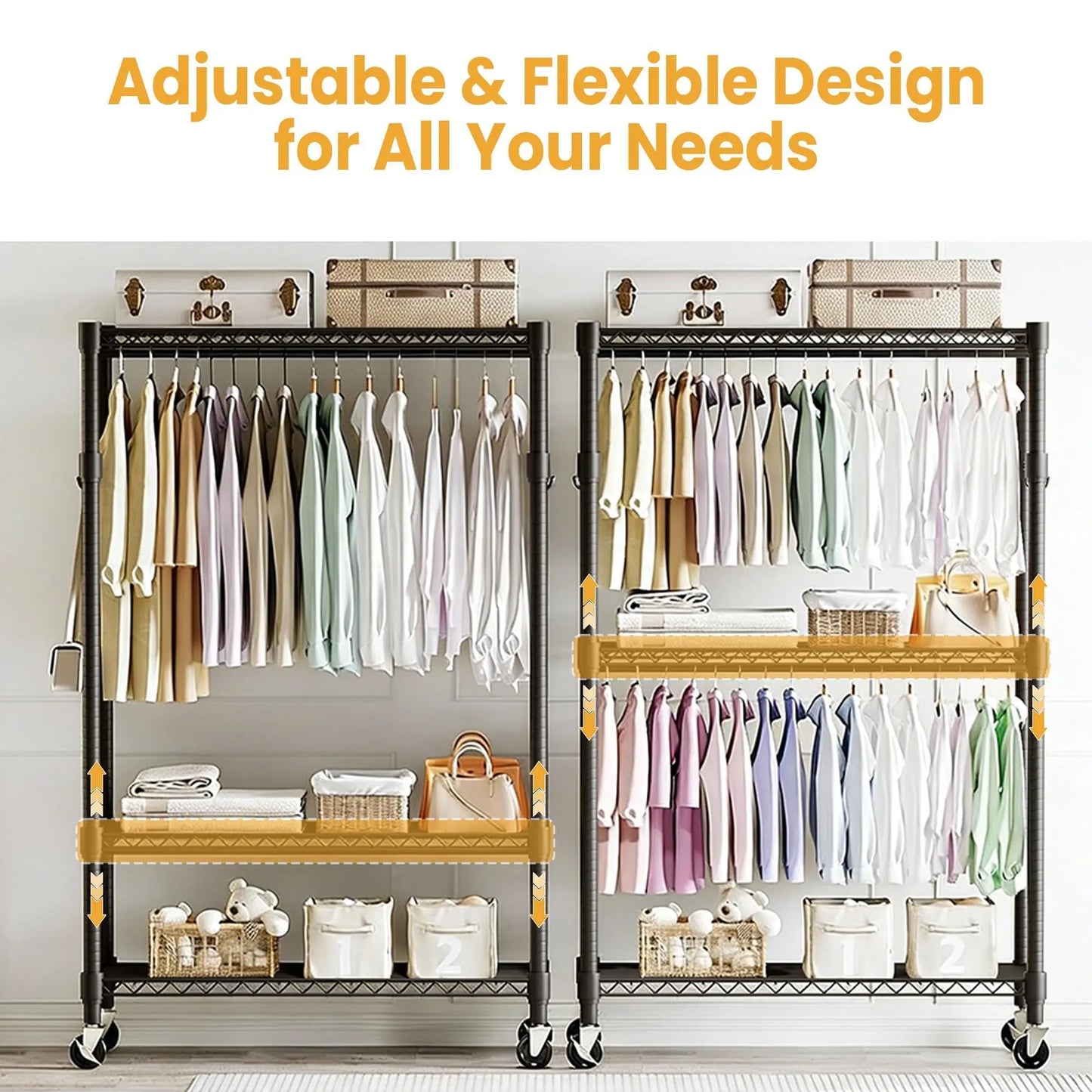 HiMISS 3-Tier Rolling Garment Rack With Adjustable Shelves