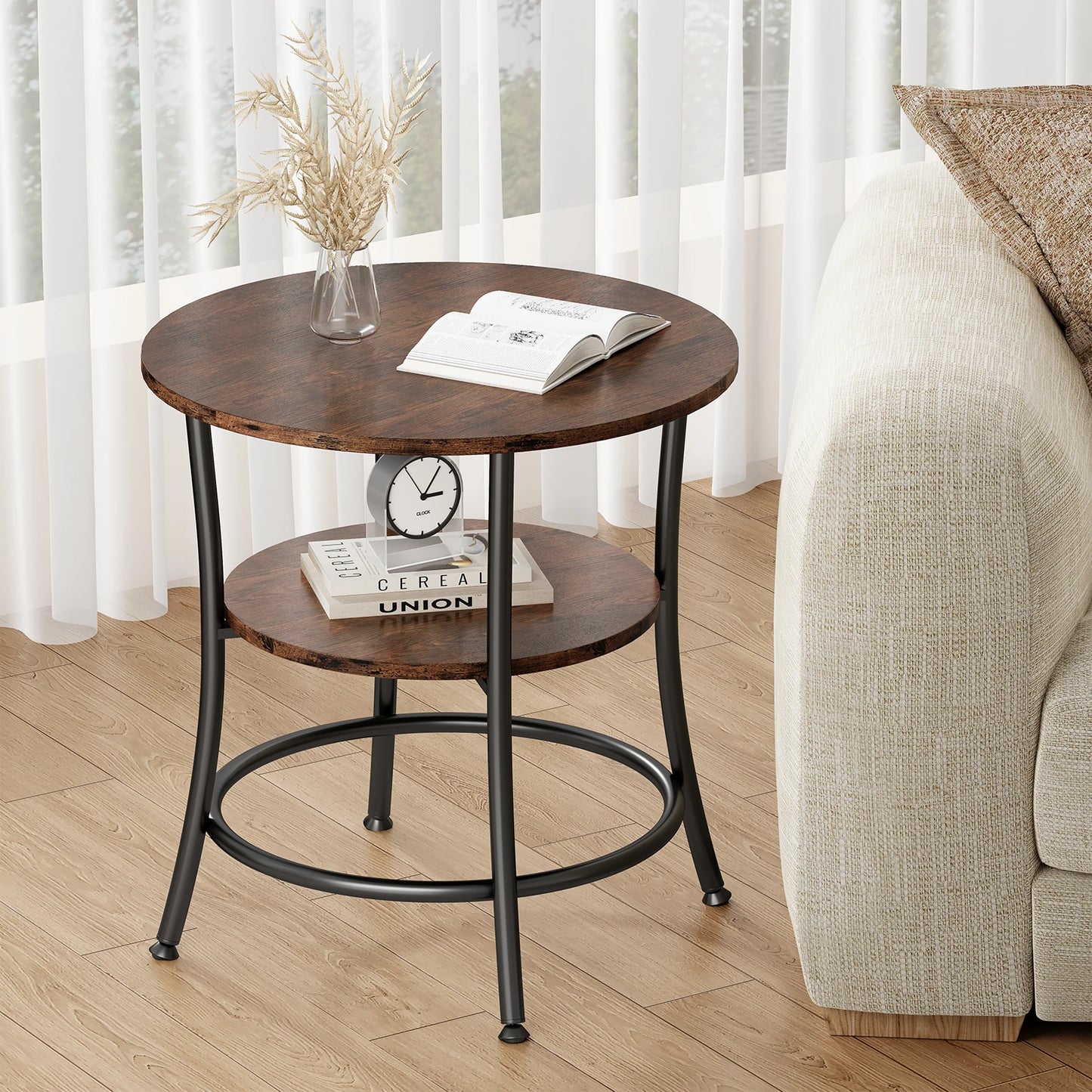 JHK Round Coffee Table With Two Tier Storage Shelf Metal Frame