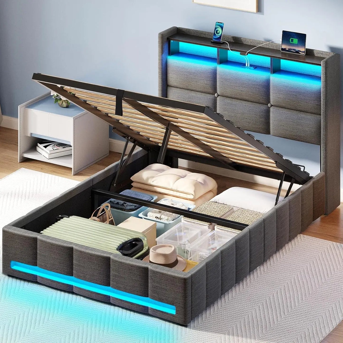 Lift Up Storage Bed With LED Lights And Charging Station