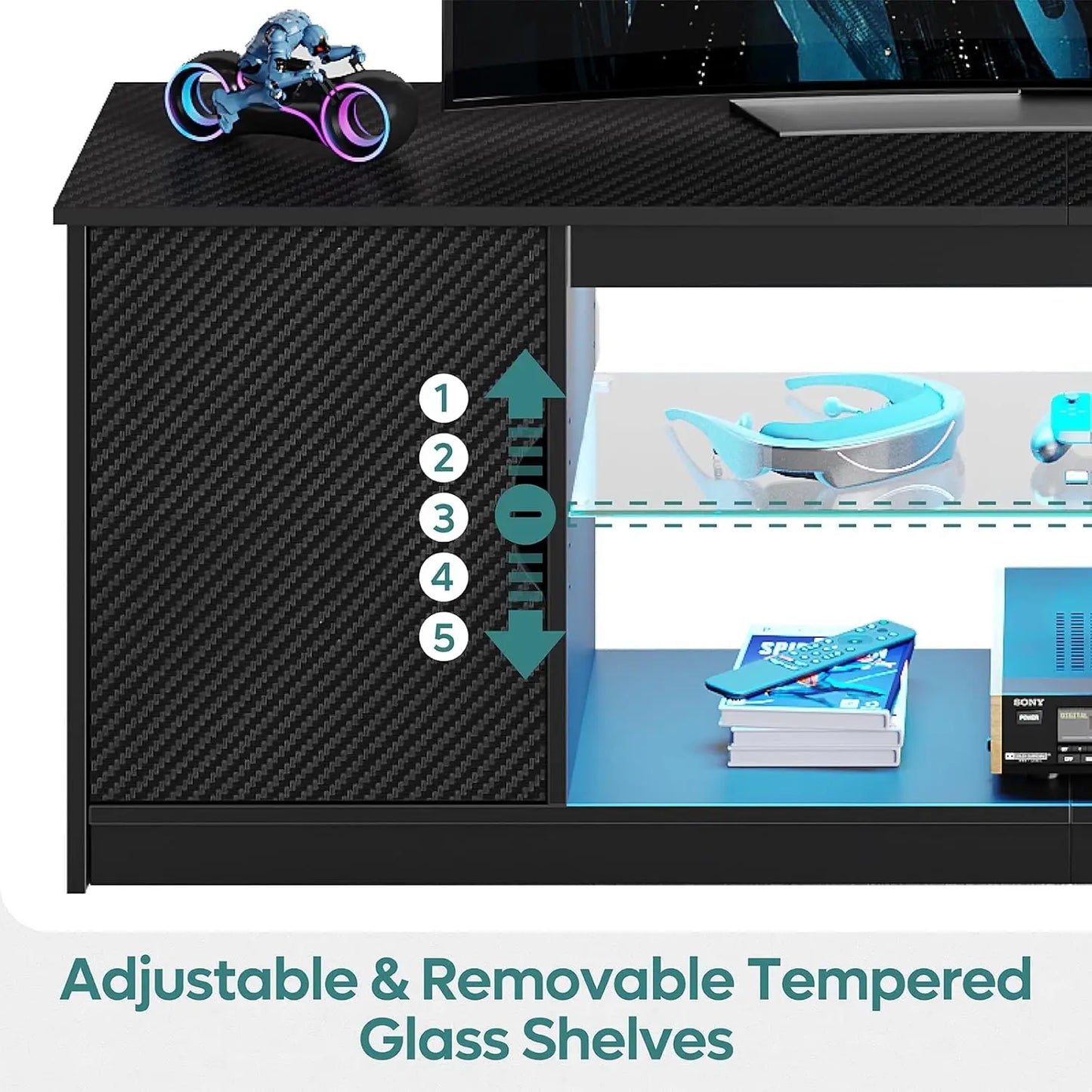 Gaming TV Stand With Power Outlets And Adjustable Glass Shelves