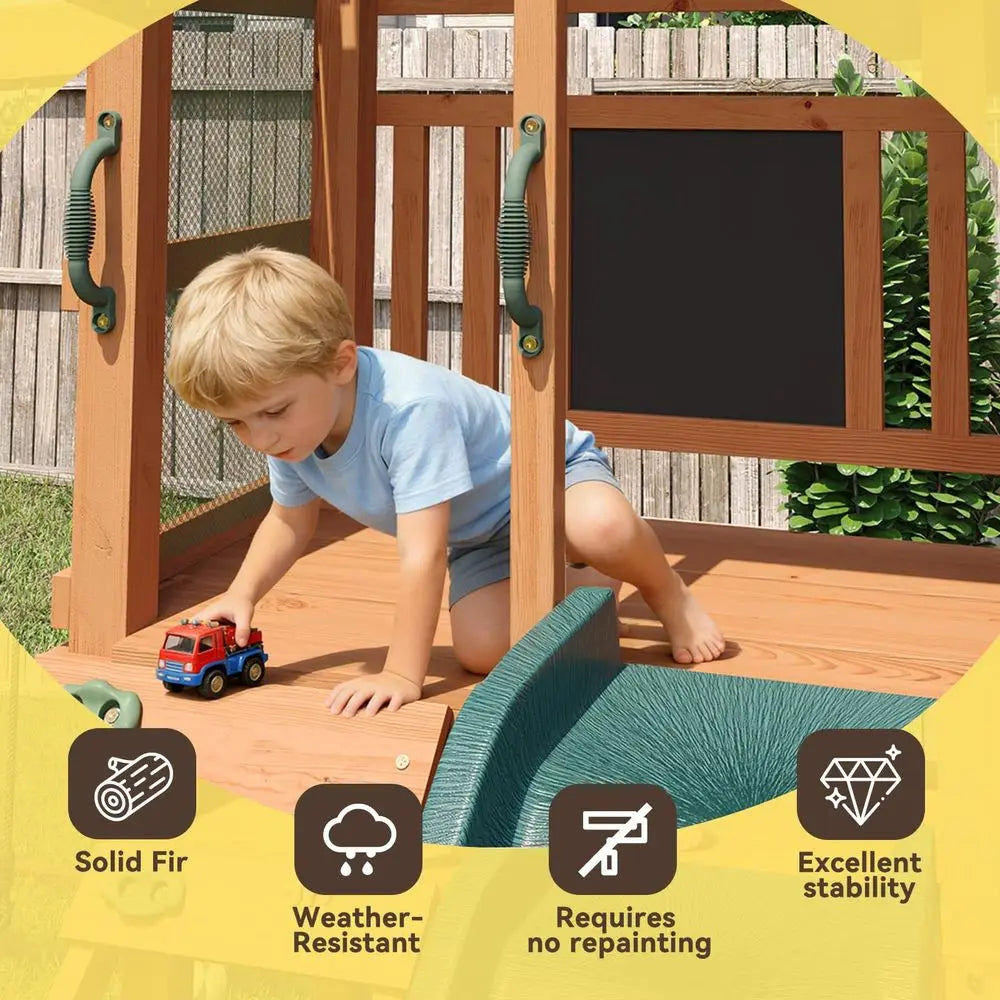 YTYIN Backyard Swing Set With Wave Slide And Rock Wall