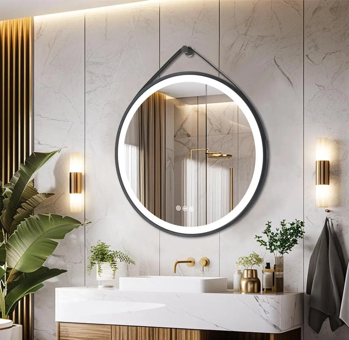 Round LED Bathroom Mirror With Leather Strap Wall Hanging And Anti Fog