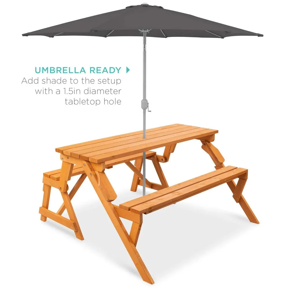 2-In-1 Transforming Outdoor Wooden Picnic Table Bench For Backyard Patio