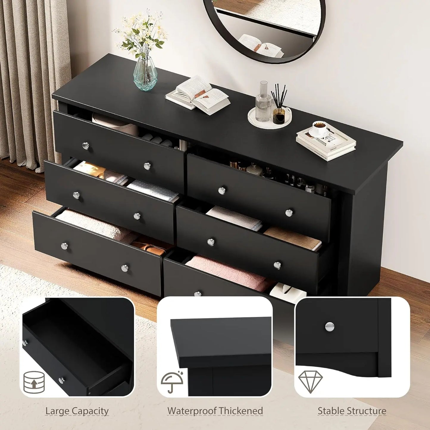 Six-Drawer Wood Dresser for Bedroom and Living Spaces