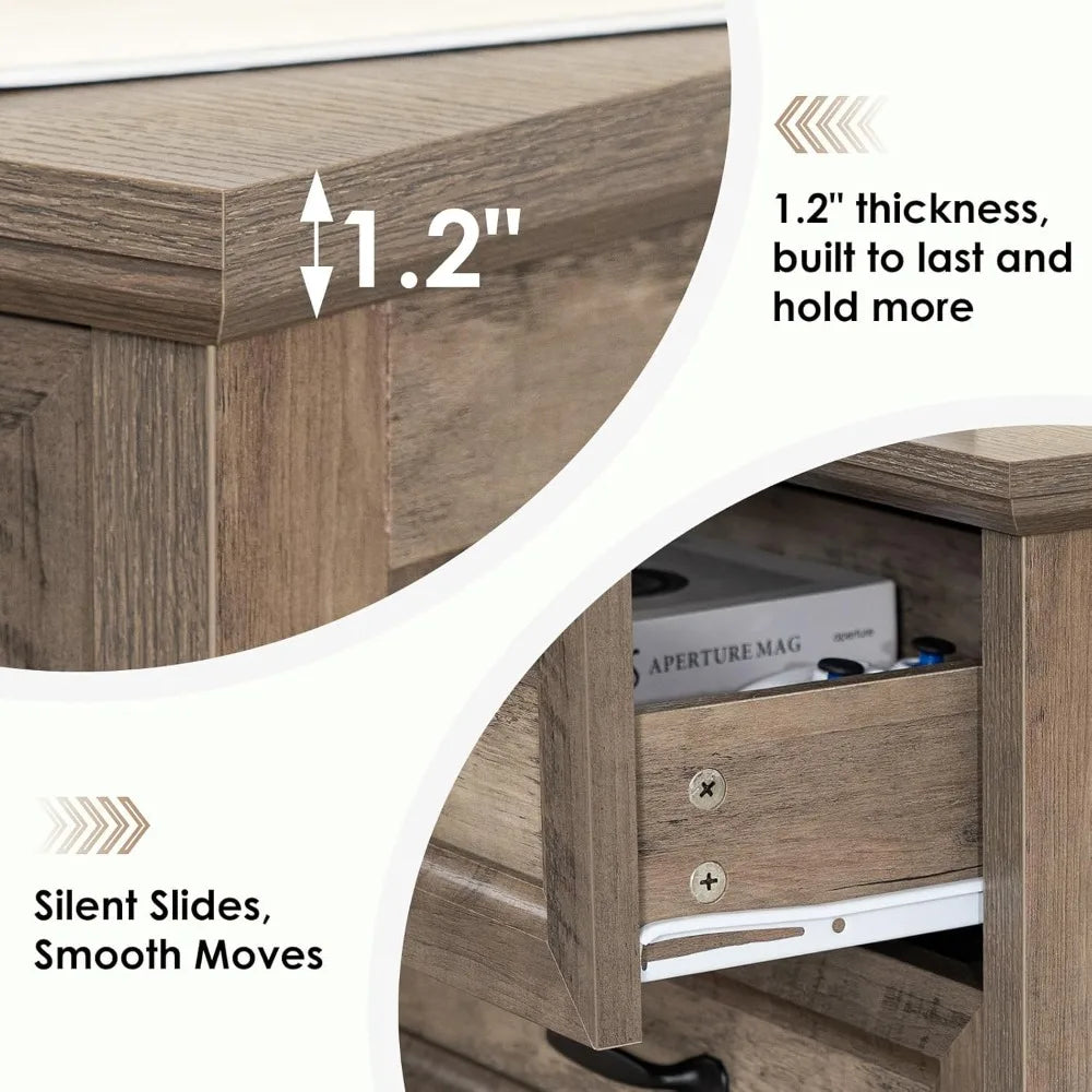 Farmhouse Nightstand With USB Charging Station And Three Drawers