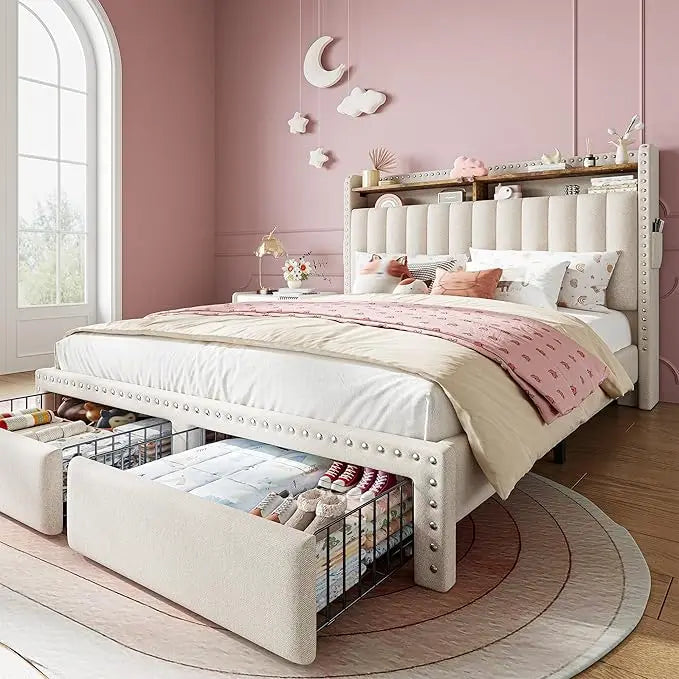 King Platform Bed Frame With Storage Drawers And Headboard Shelf