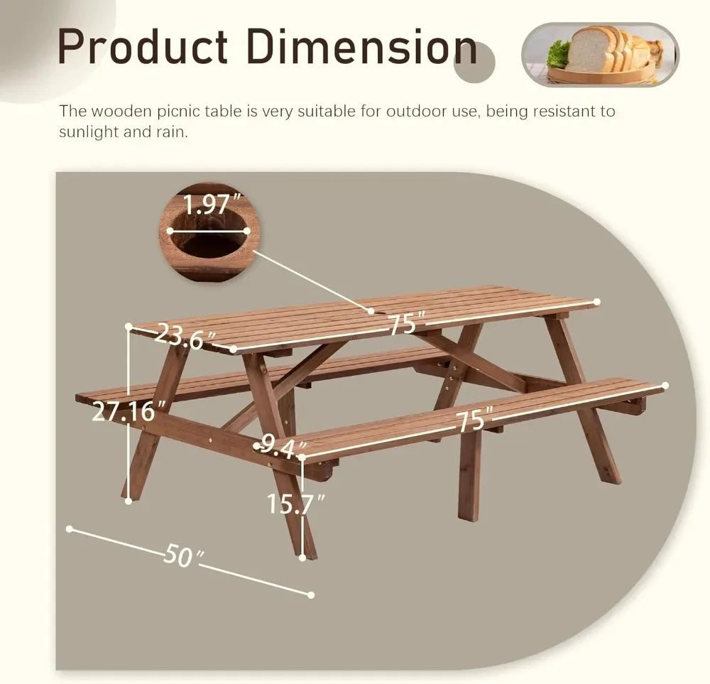 Outdoor Wooden Picnic Table With Benches And Umbrella Hole
