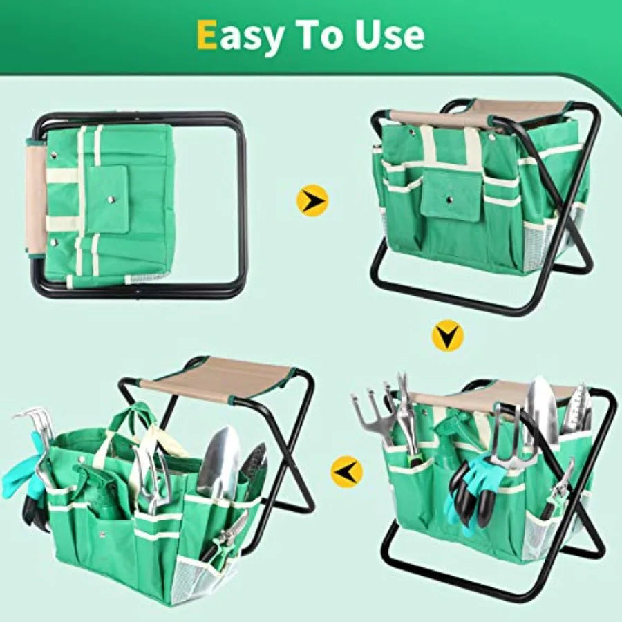 9 PCS Allinone Garden Tools Set Heavy Duty CastAluminium Alloy Gardening Tools Kit with Folding Stool Seat and Detachab
