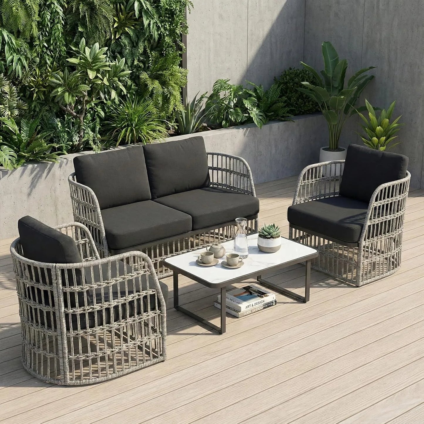 XIUWO 4 Piece Outdoor Wicker Sectional Sofa Set For Patio Poolside