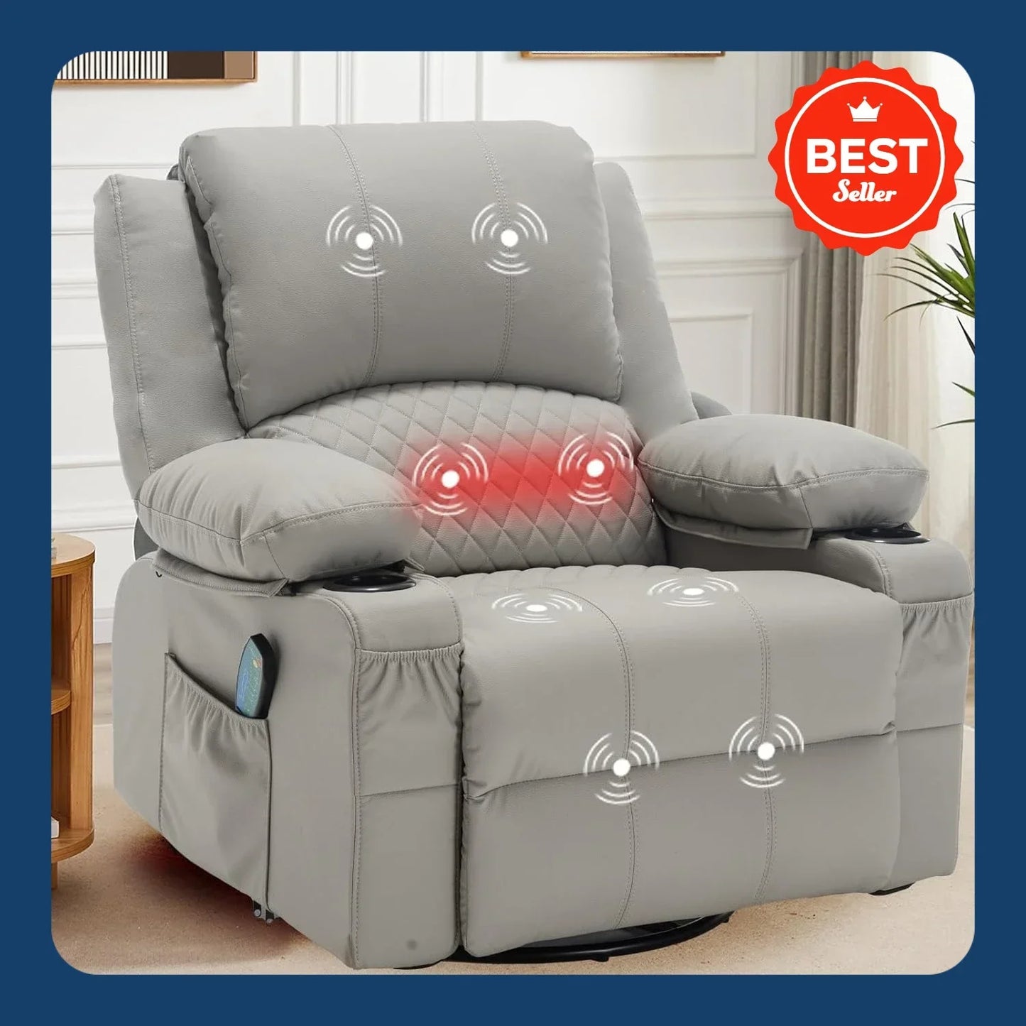 Overstuffed Massage Rocker Recliner Chair With Heat Faux Leather