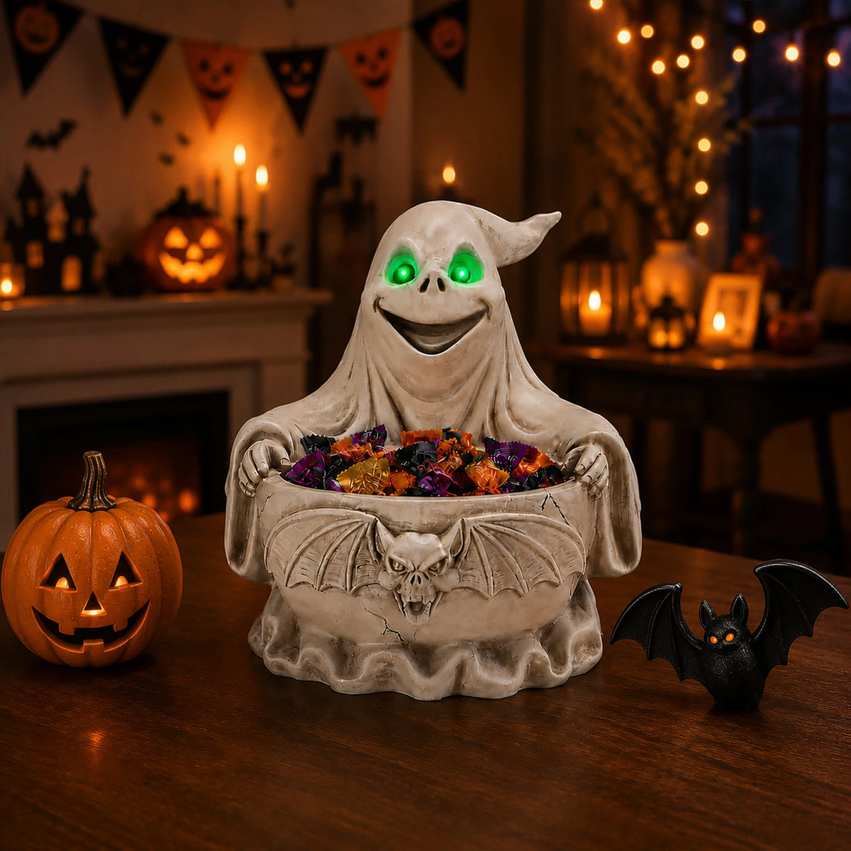 Halloween Ghost Candy Bowl with LED Eyes and Bat Decor