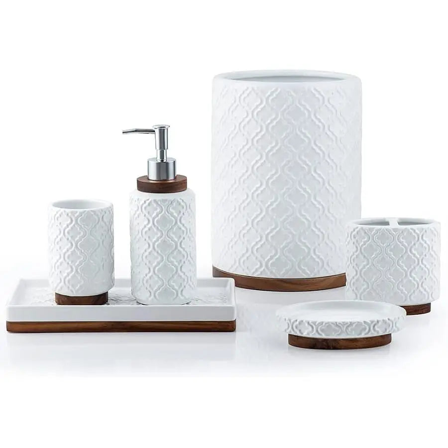 Elegant Ceramic And Wood Six Piece Bathroom Accessories Set