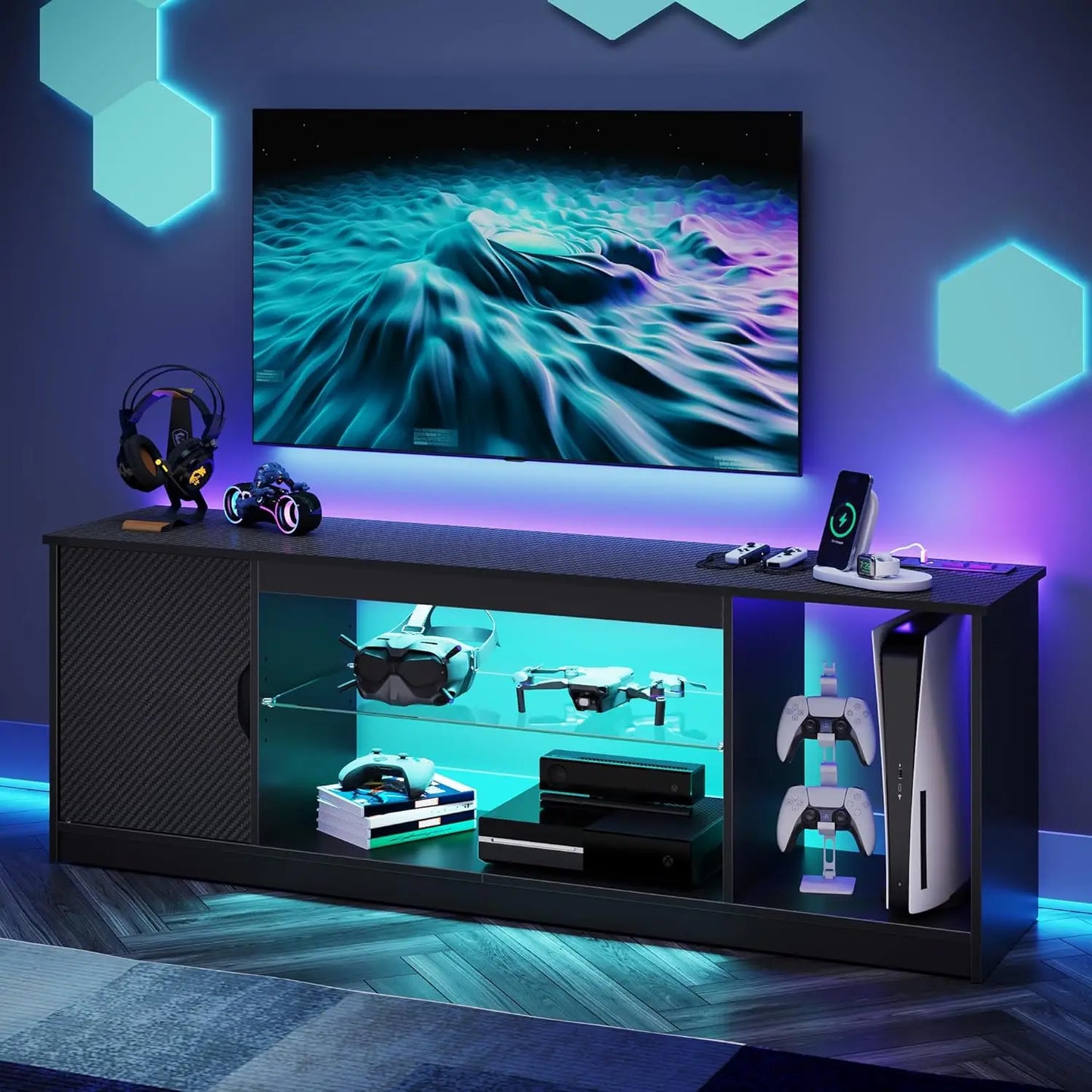 Gaming TV Stand With Power Outlets And Adjustable Glass Shelves