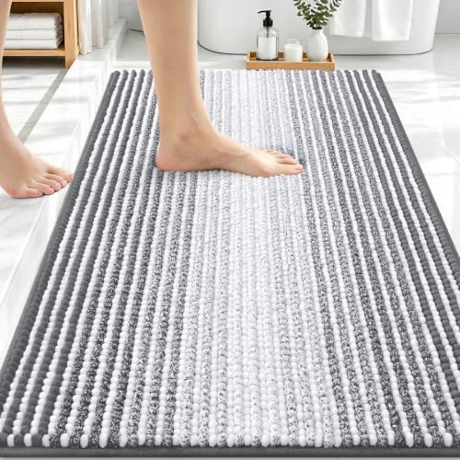 Soft Absorbent Chenille Striped Bathroom Rug With Rubber Backing