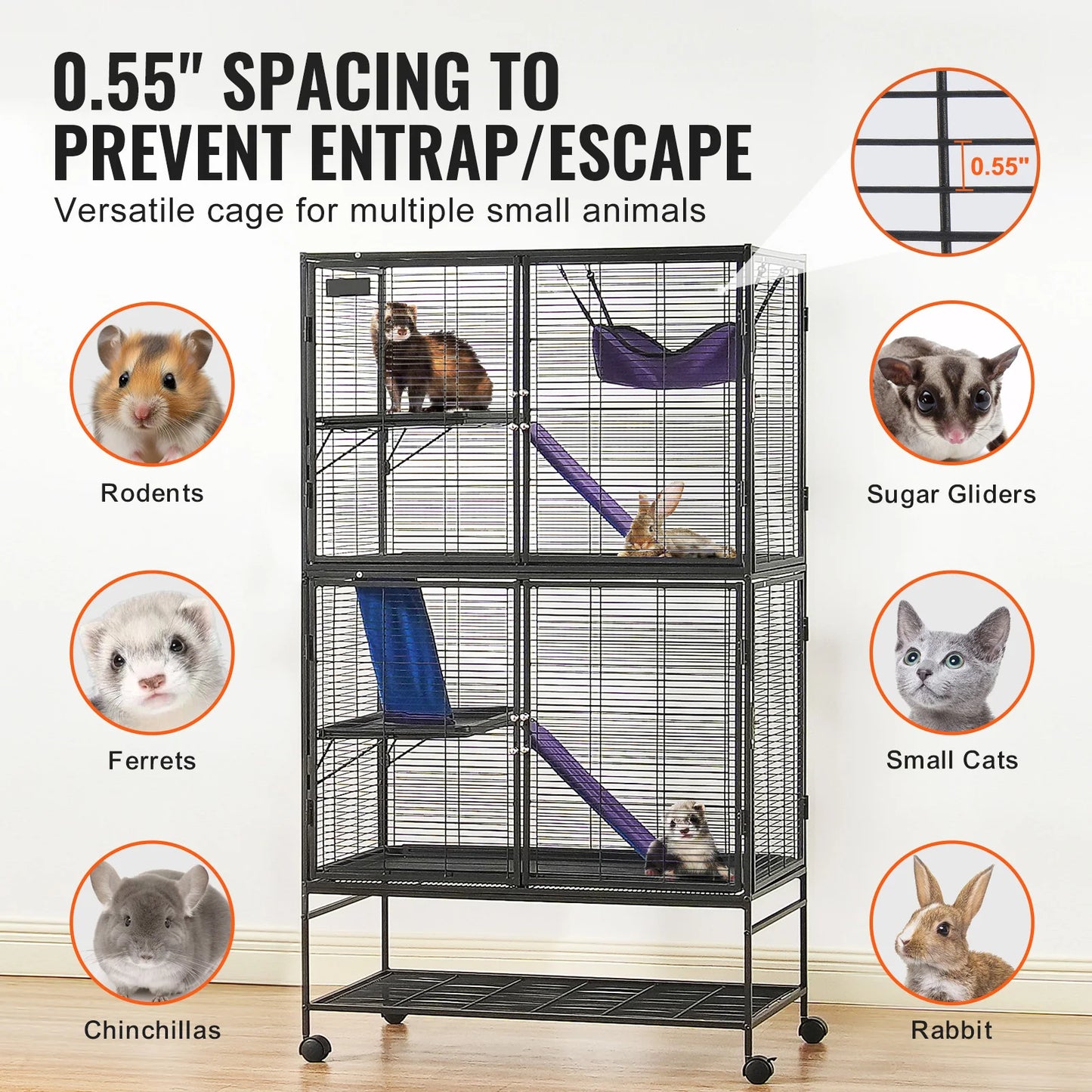Rolling Metal Ferret Cage 4 Tier for Rodents and Pets