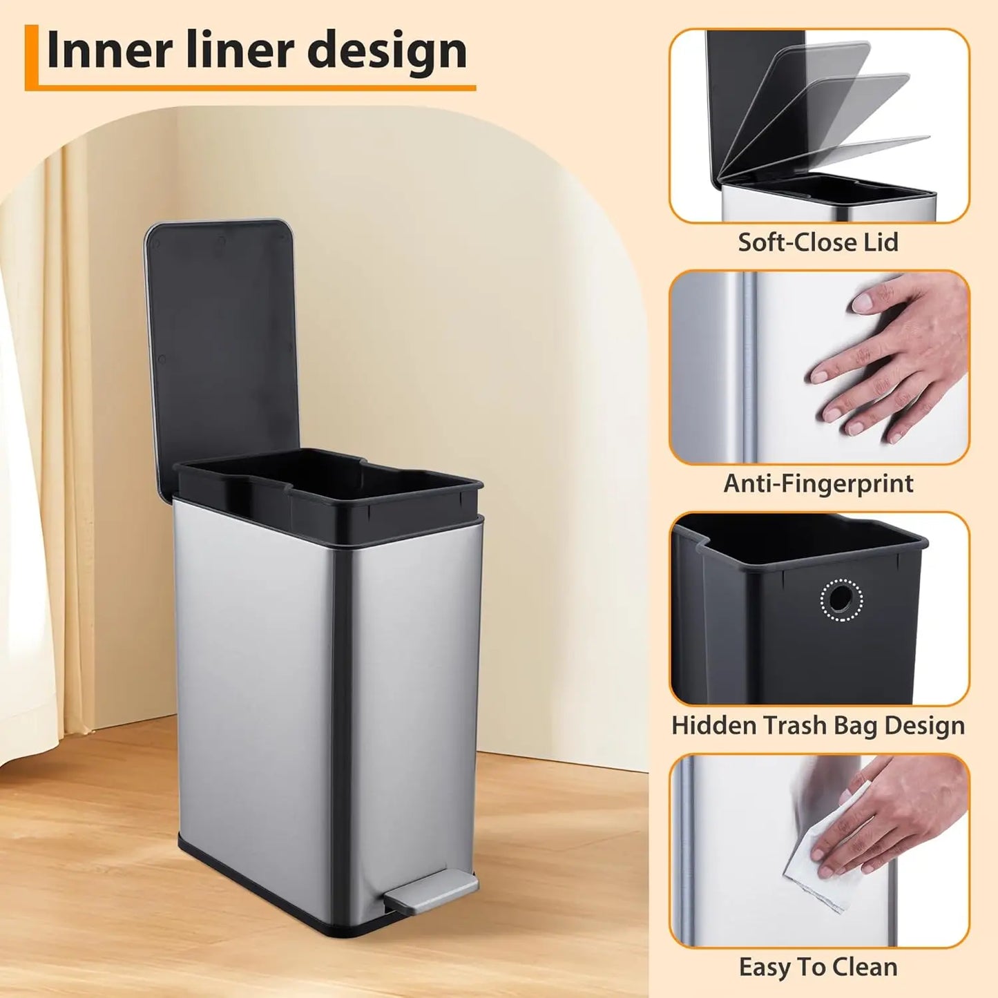 HiMISSCN Stainless Steel Trash Can With Soft Close Pedal