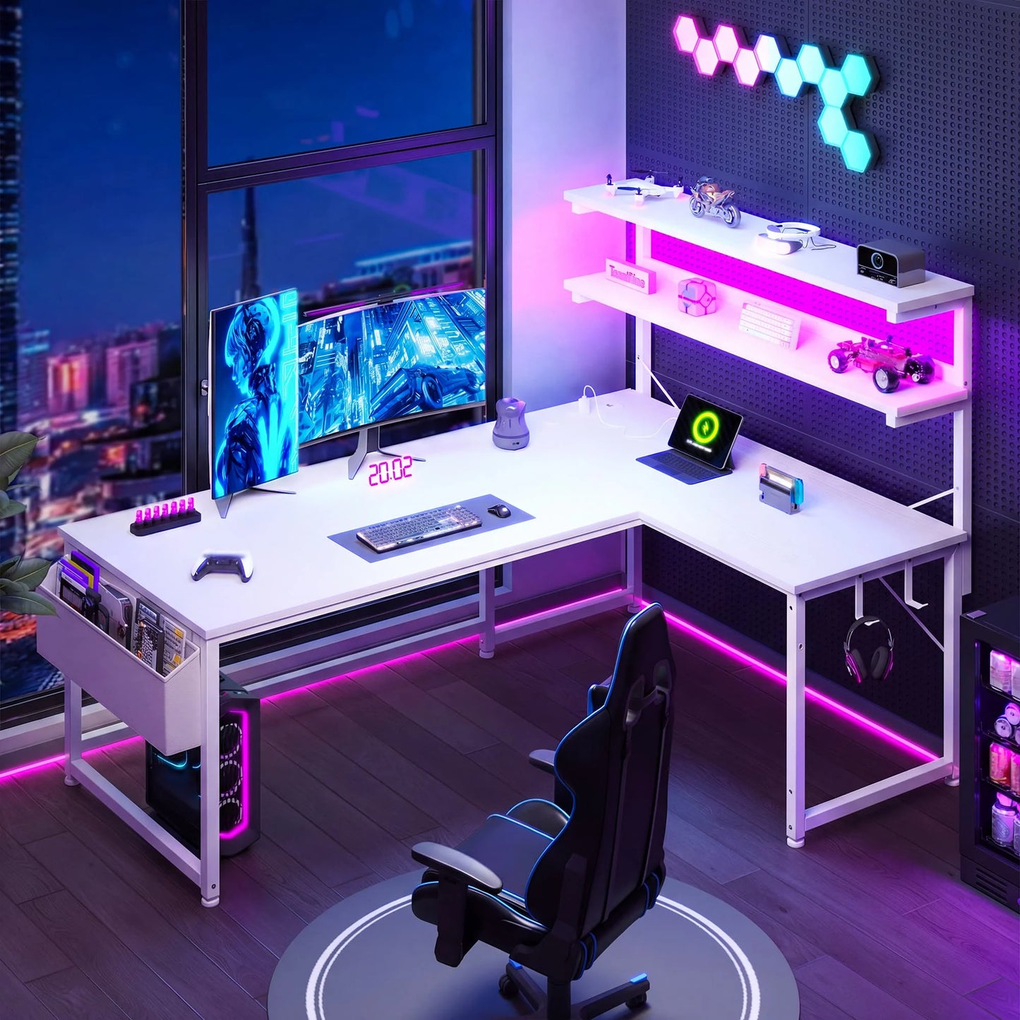 EnHomee L Shaped Office Desk With RGB LED Lights And Storage Shelf