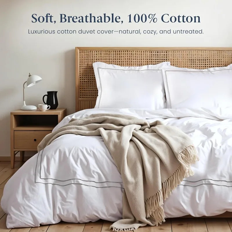 Duvet Cover Queen Size (3 Pieces), 100% Cotton Percale, Full/Queen, Soft, Breathable & Lightweight, Including Duvet C
