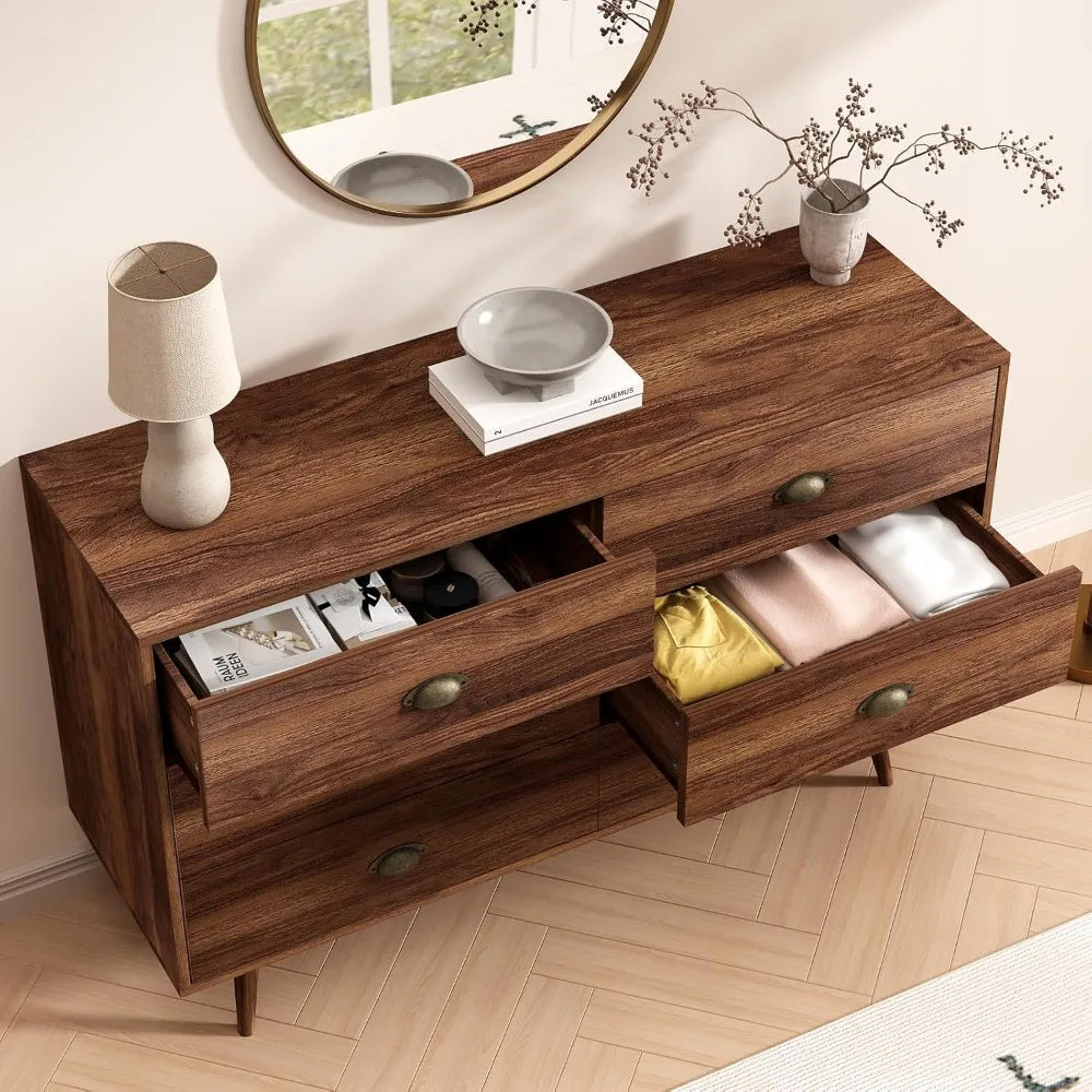 Walnut Brown Wood Dresser With Six Drawers For Bedroom