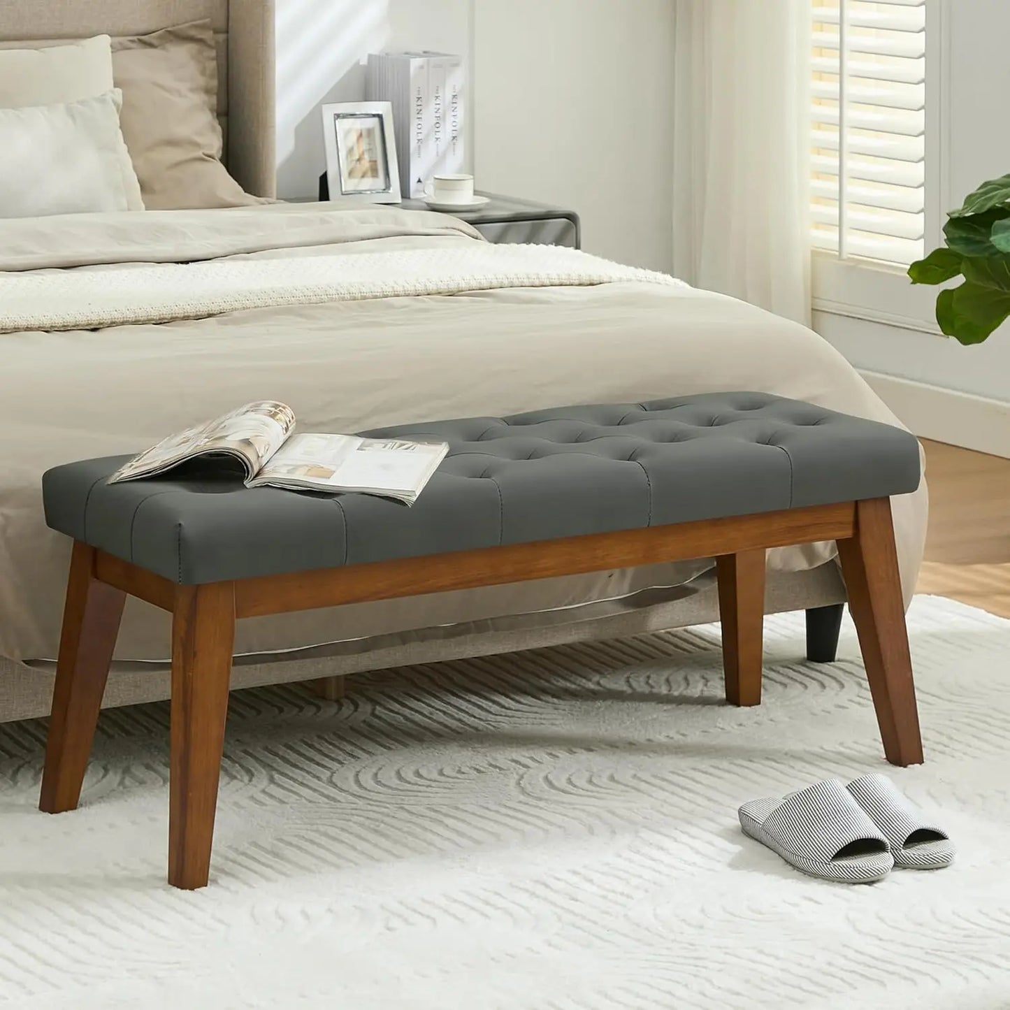Linen Upholstered Bedroom Bench for End of Bed and Entryway