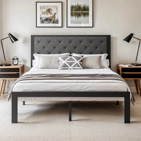 HOOMICH Metal Bed Frame With Upholstered Headboard