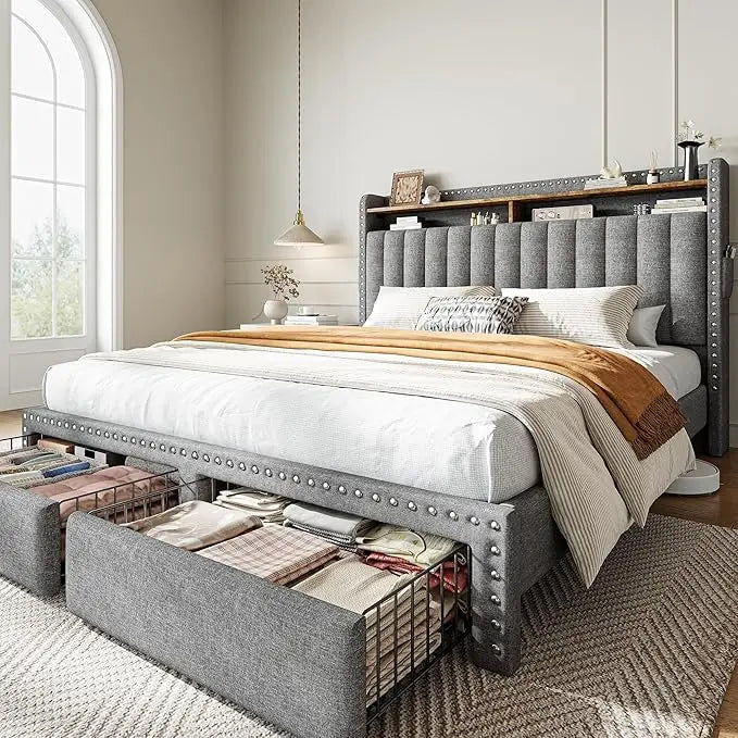 King Platform Bed Frame With Storage Drawers And Headboard Shelf