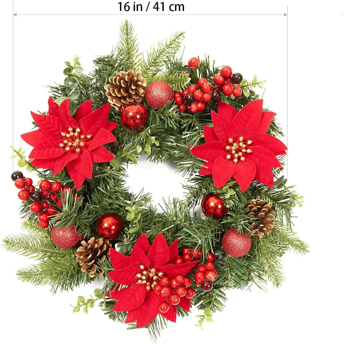 Garvee Christmas Wreath With Red Poinsettia Flowers For Holiday Decor