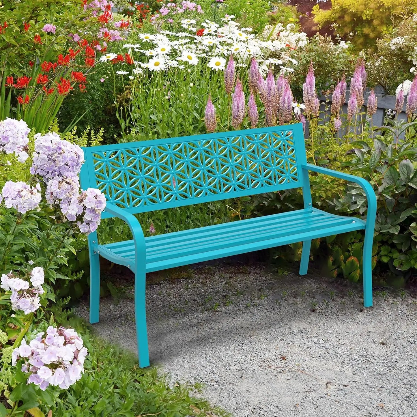 50" Metal Garden Bench Floral Back, Outdoor Porch Yard Patio Park Entryway, 800lb Capacity, Customized