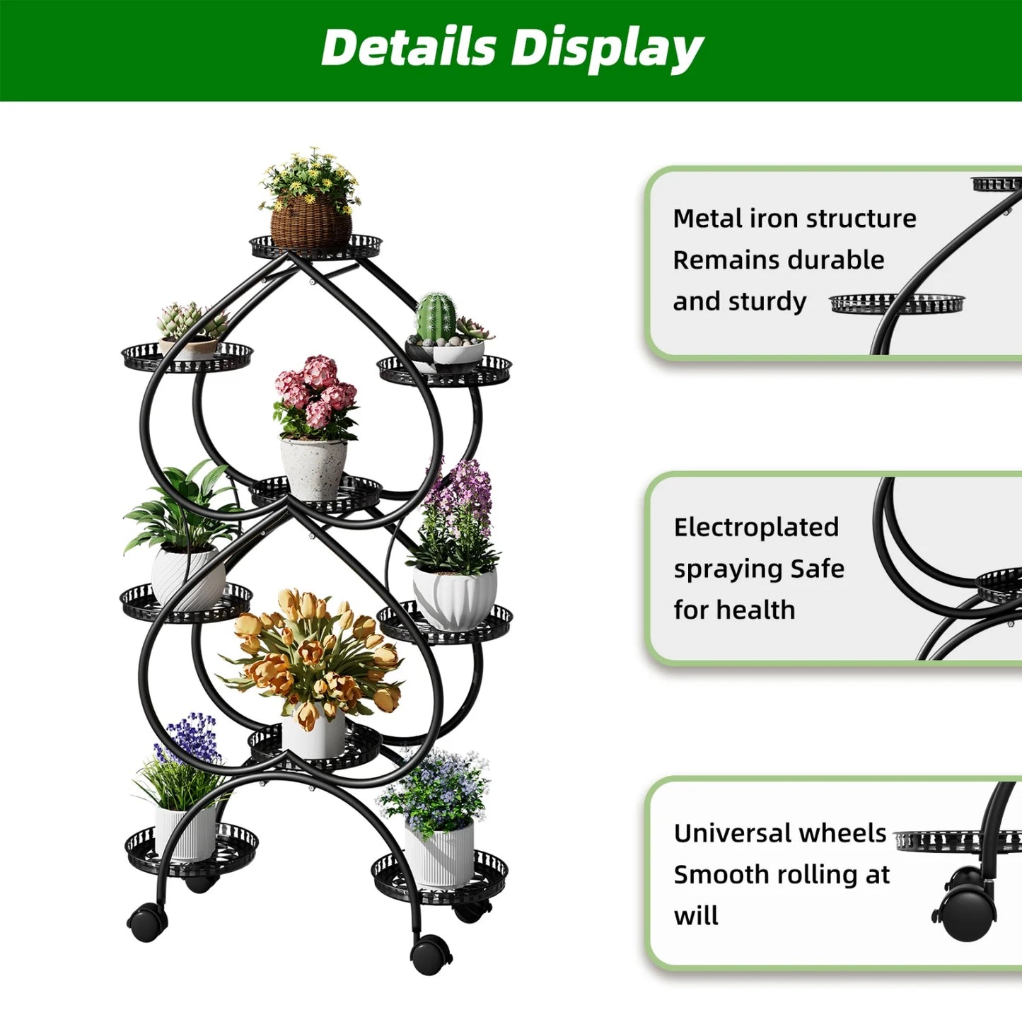 Metal Plant Stand On Wheels With Nine Pots