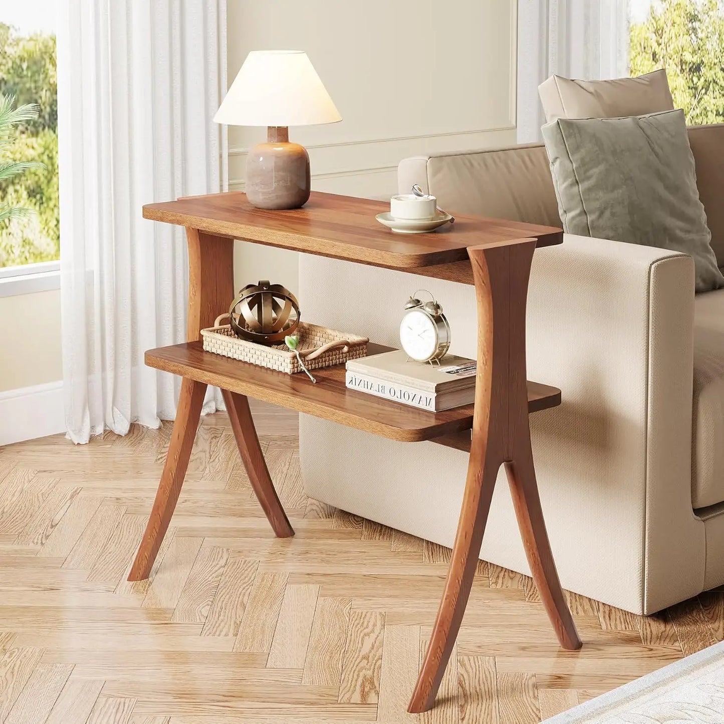 Little Tree Farmhouse End Table 2-Tier Storage with Wood Legs