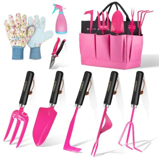 9Piece Heavy Duty Gardening Hand Tools Set in Pink with Stainless Steel Construction and Reinforced Design Durable Organizer Ha