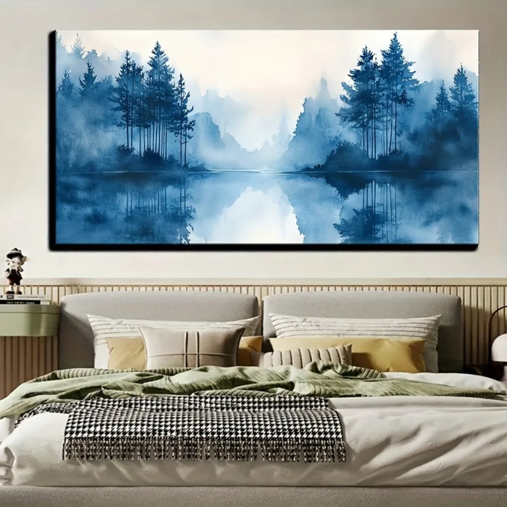 Modern Blue Ink Wall Art With Pine Solid Wood Frame