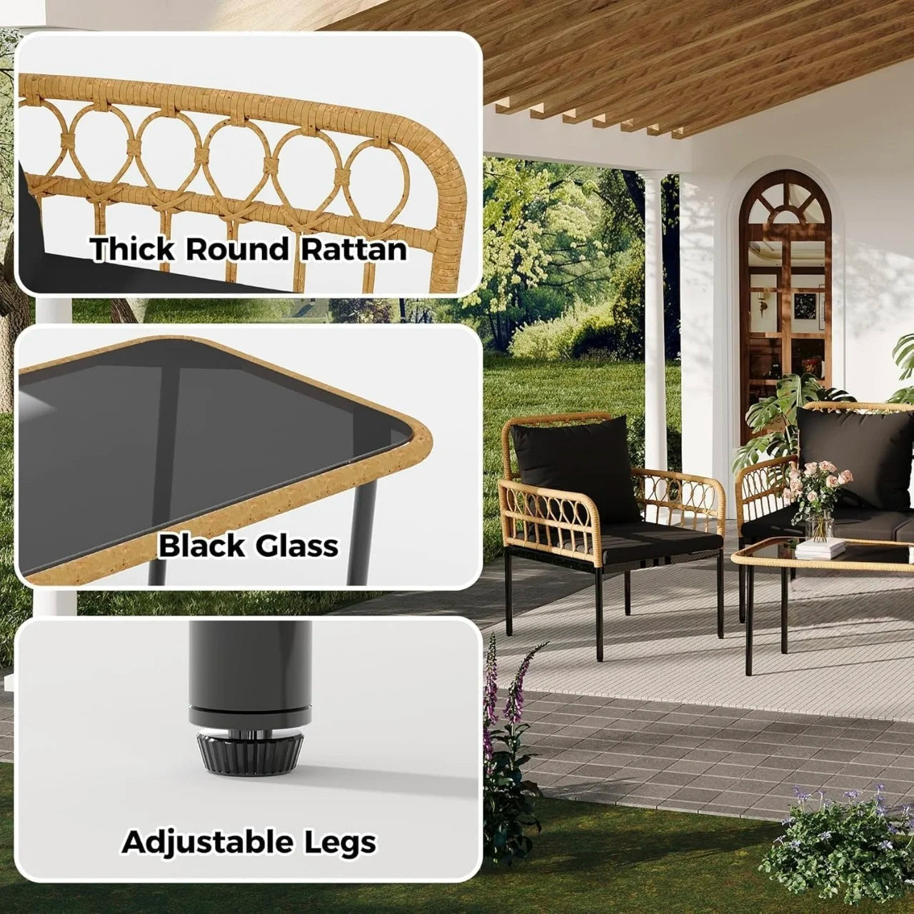 4-Piece Patio Furniture Set, Outdoor Wicker Rattan Chairs with Glass Table, Outside Bistro Set with Removable Cushions, Modern R