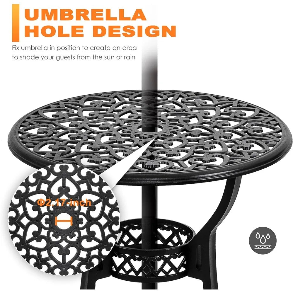 Outdoor 3-Piece Cast Aluminum Bistro Set With Cushions Umbrella Hole