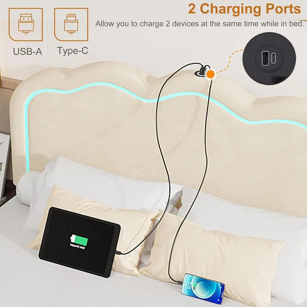 VECELO Upholstered Bed With Adjustable Board LED Lights USB C