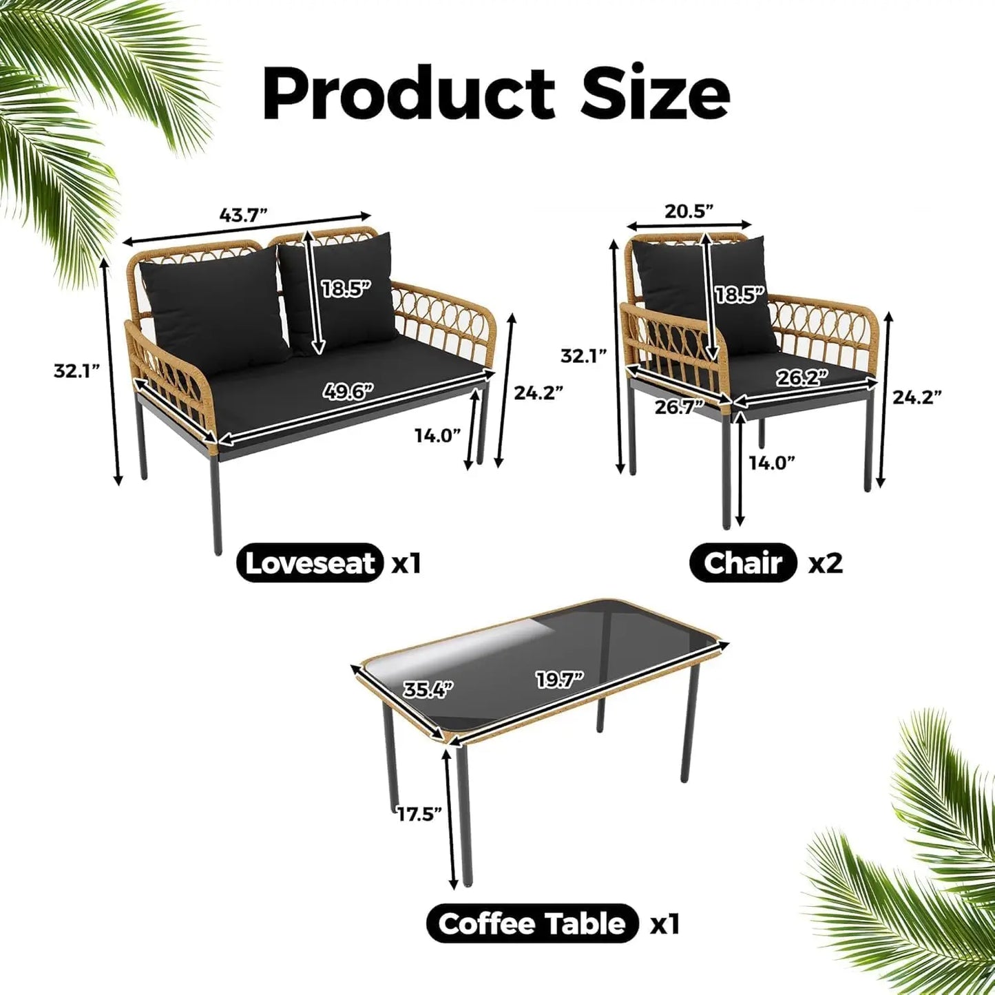 4-Piece Patio Furniture Set, Outdoor Wicker Rattan Chairs with Glass Table, Outside Bistro Set with Removable Cushions, Modern R