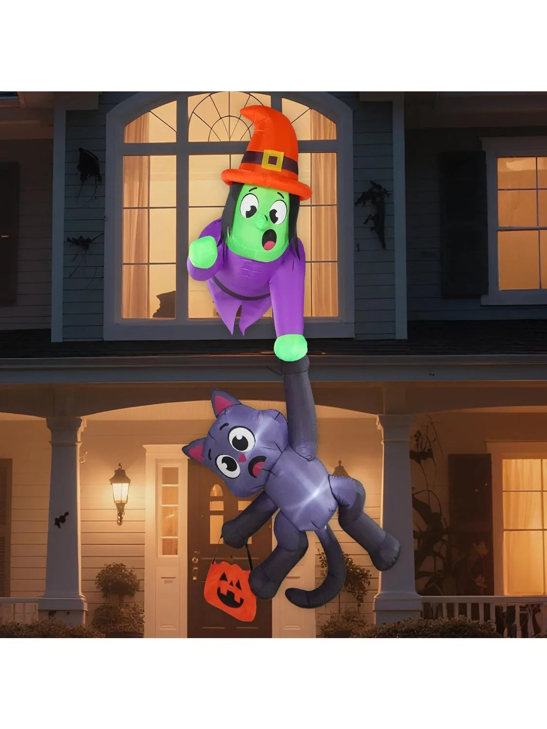 Halloween Witch And Cat Inflatable Roof Decoration With LED Lights