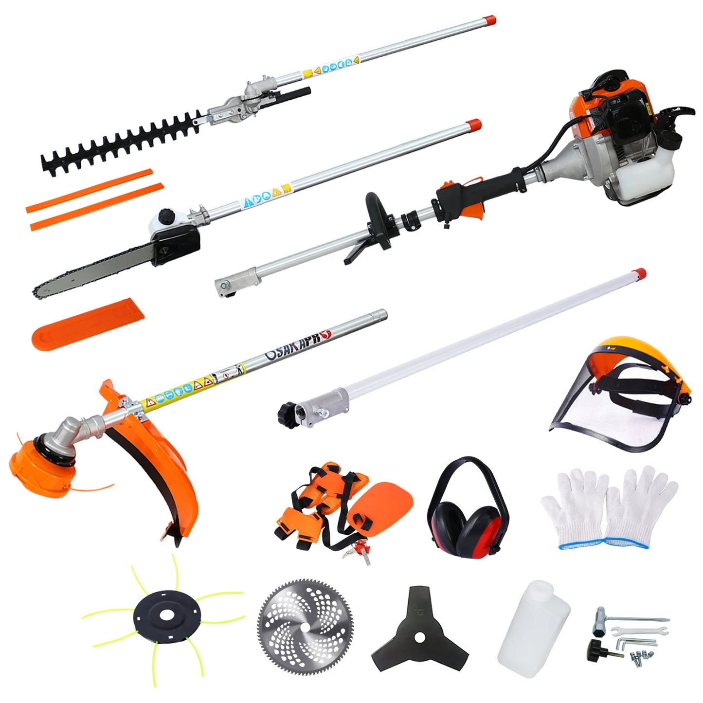 10 in 1 Multi-Functional Trimming Tool, 52CC 2-Cycle Garden Tool System with Gas Pole Saw, Hedge Trimmer, Grass Trimmer, and Bru